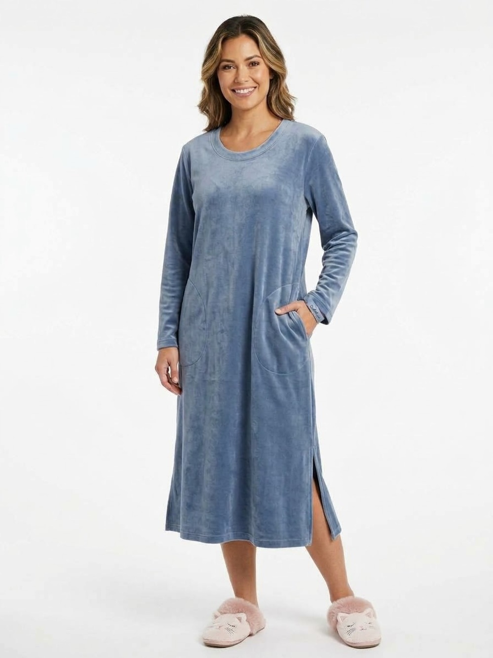Cuddledown $79 P2P 19-21” Aramella Velour Midi Lounge Dress Nightgown Blue M